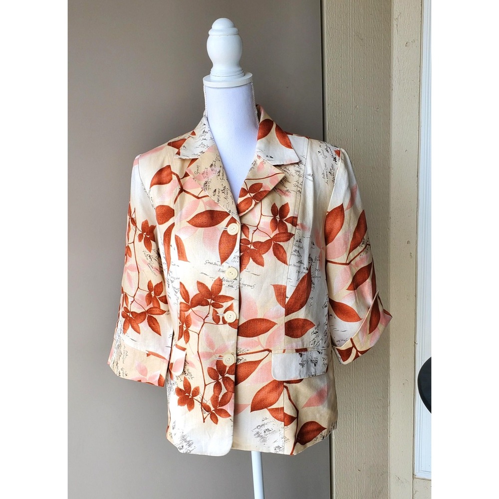 Khanh‎ Couture Blazer Womens Large Leaf Tropical Print Button Jacket Lightweight
